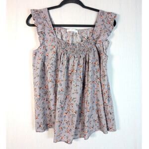 Ces Femme Women's Gray Floral Farmhouse Peasant Tank Top Shirt Size Medium